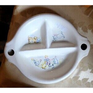Antique Stoneware Child Divided‎ Plate Hot Water Warming Dish Bowl Nursery VTG